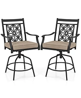 Outdoor 360°Swivel Bar Stools Set of 2 with Seat Cushions High Back & Armrests