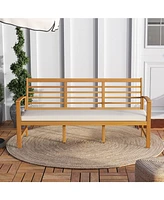 Patio Wood Bench with Seat Cushion and Slatted Seat for Backyard