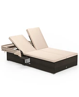 Patio Double Chaise Lounge with Shade Cushions and Folding Side Trays