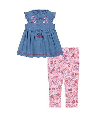 Kids Headquarters Toddler and Little Girls 2-Piece Embroidered Trim Chambray Tunic Top Floral Capri Leggings Set