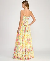 Dear Moon Juniors' Floral Ruched Cutout Gown