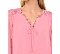 CeCe Women's Circular Trim Pin-Tuck Long Sleeve Blouse