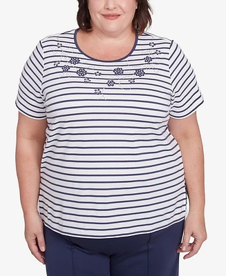 Alfred Dunner Plus Nantucket Beaded Floral Striped Crew Neck T-Shirt