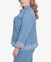 Alfred Dunner Plus Flower Power Denim Floral Embroidered Jacket