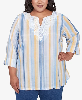 Alfred Dunner Plus Flower Power Striped Detail Button Front Top