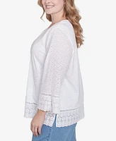 Alfred Dunner Plus Flower Power Floral Embroidered Eyelet Trim Top