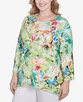 Alfred Dunner Plus Parrot Cay Tropical Toucan Crew Neck Top