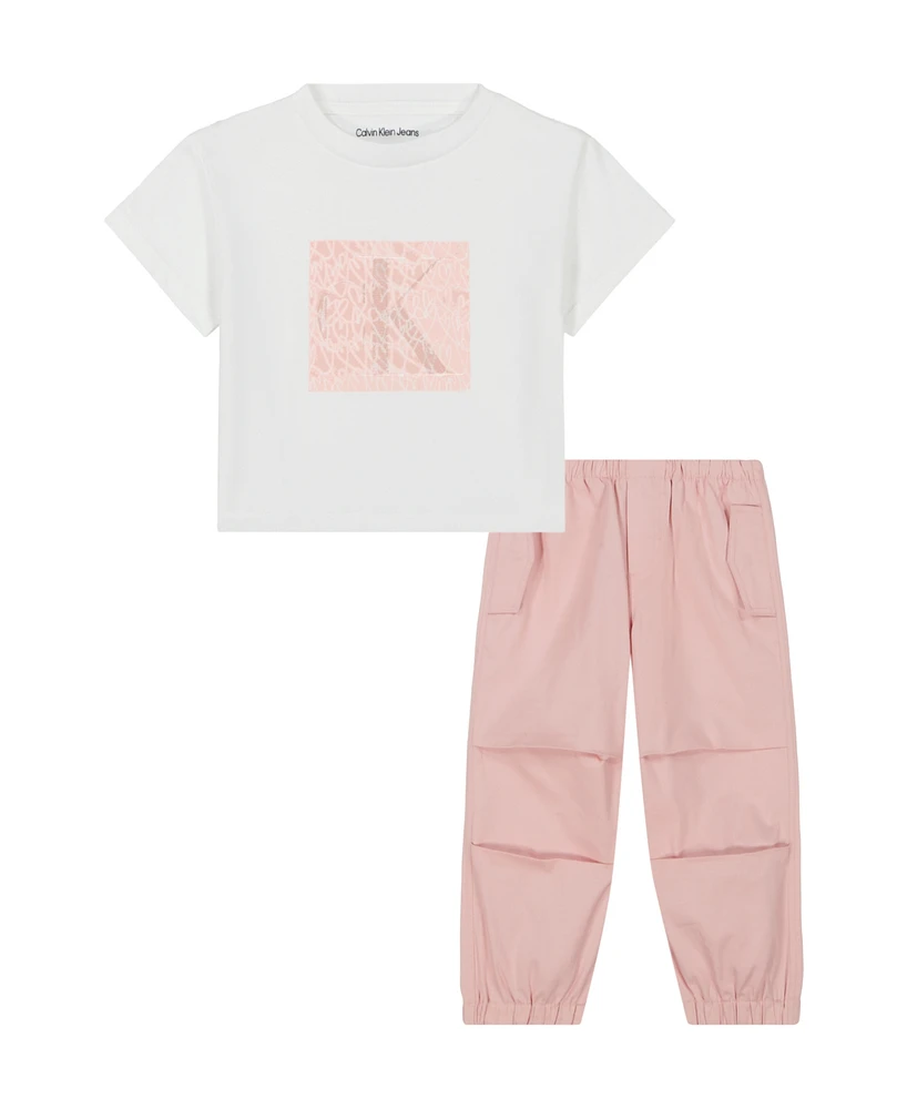 Calvin Klein Toddler and Little Girls 2-Piece Logo Boxy T-Shirt Stretch Twill Baggy Pants Sets