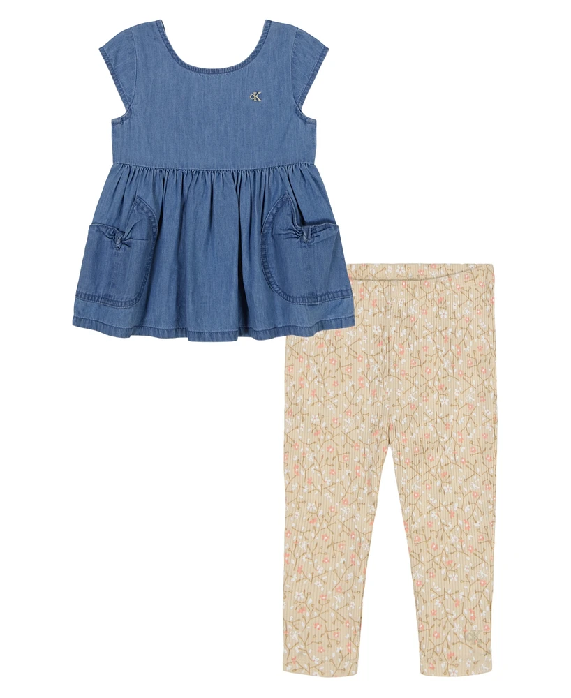 Calvin Klein Toddler and Little Girls 2-Piece Denim Tunic Floral Ribbed Capri Leggings Sets