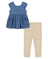 Calvin Klein Toddler and Little Girls 2-Piece Denim Tunic Floral Ribbed Capri Leggings Sets