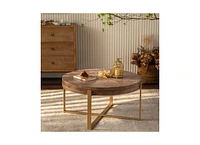 33.86"Modern Retro Splicing Round Coffee Table,Fir Wood Table Top with Gold Cross Legs Base Gold