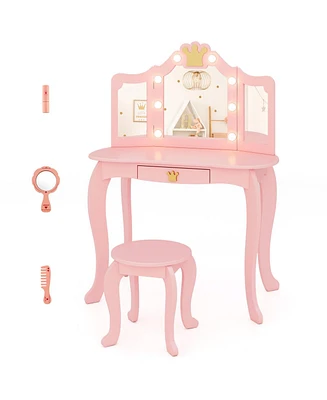 Kids Vanity Set with Tri-Fold Lighted Mirror, Detachable Top, and Stool Fun Dressing Table for