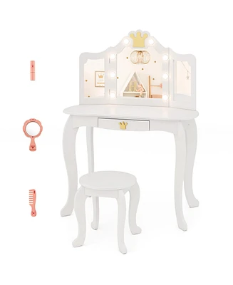 Kids Vanity Set with Tri-Fold Lighted Mirror, Detachable Top, and Stool Fun Dressing Table for Kids