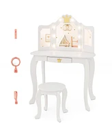 Kids Vanity Set with Tri-Fold Lighted Mirror, Detachable Top, and Stool Fun Dressing Table for Kids