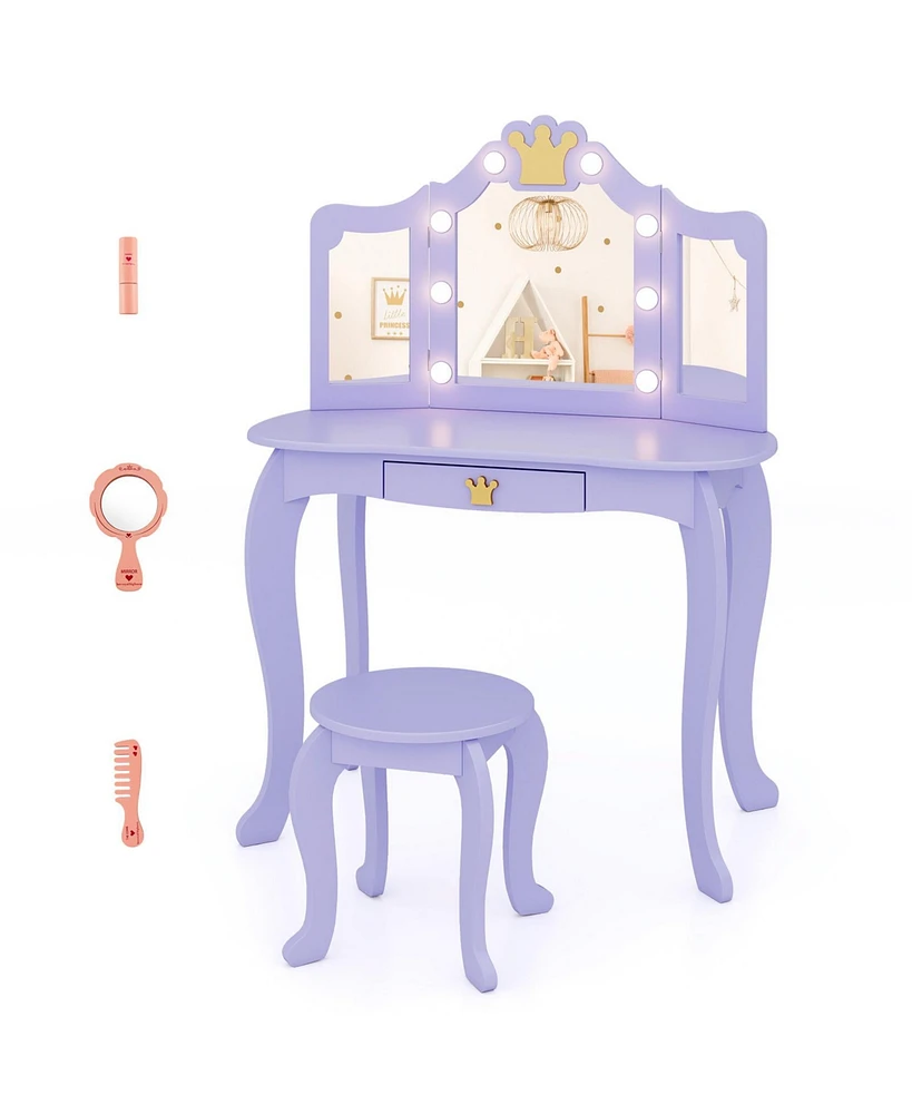 Kids Vanity Set with Tri-Fold Lighted Mirror, Detachable Top, and Stool Fun Dressing Table for