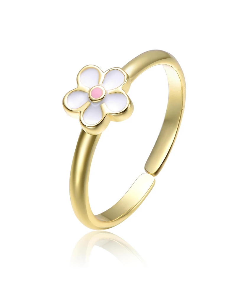 GiGiGirl Sterling Silver 14K Gold Plated with Pink and White Enamel Flower Daisy Adjustable Ring