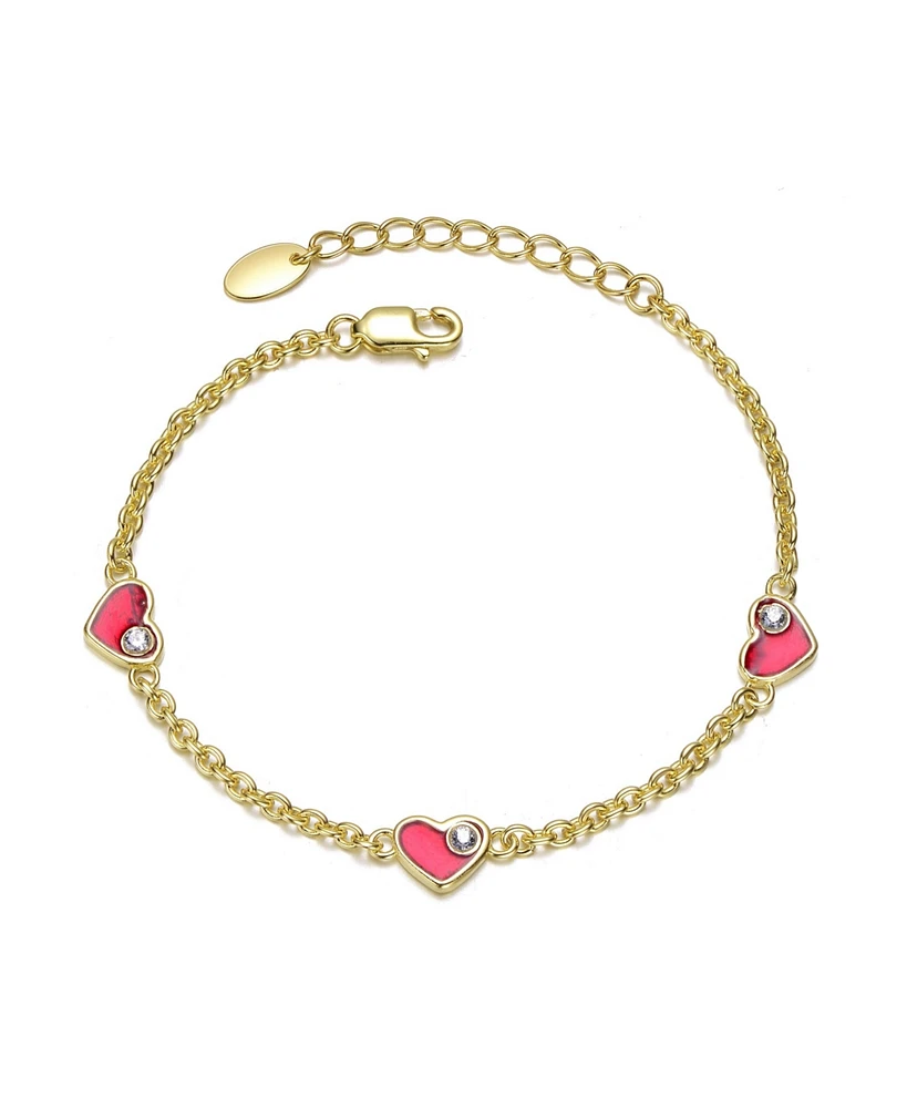 GiGiGirl Sterling Silver 14K Gold Plated Red with Cubiic Zirconia & Heart Charm Link Bracelet