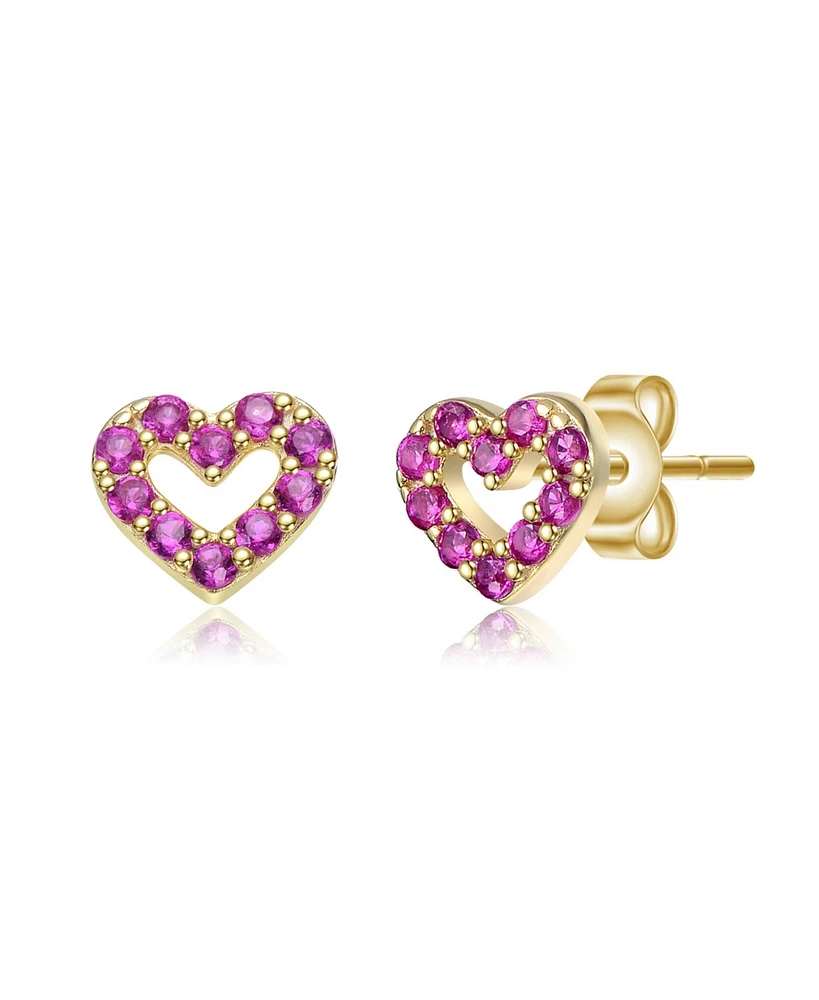 GiGiGirl Sterling Silver 14K Gold Plated with Paved Colored Cubic Zirconia Heart Stud Earrings