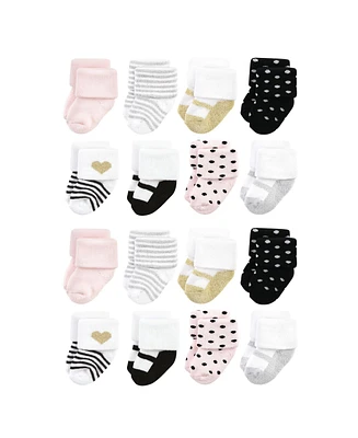 Hudson Baby Cotton Rich Baby Terry Socks 16-Pack, Silver Gold Pink, 6-12 Months