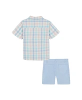 Tommy Hilfiger Toddler Boys 2-Piece Short Sleeve Seersucker Plaid Shirt and Oxford Shorts Set