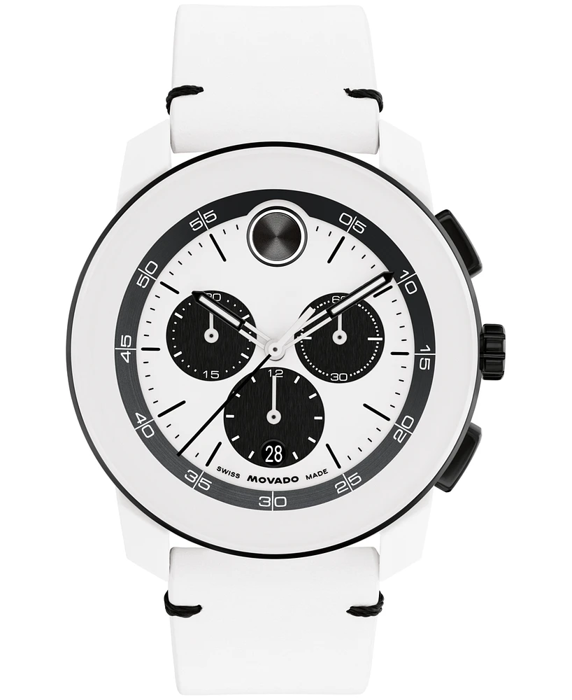Movado Men's Bold Tr90 Swiss Quartz Chrono White Leather Watch, 43.5mm