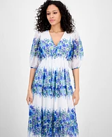 Taylor Women's Printed V-Neck Smocked-Waist Dress