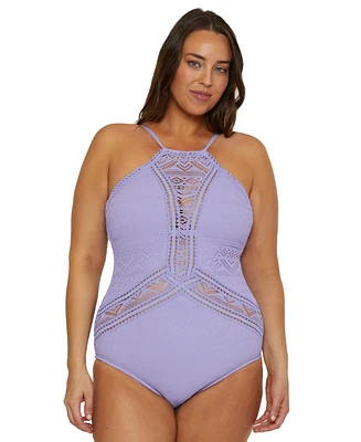 Becca Etc Plus Color Play Crocheted High Neck One-Piece Swimsuit