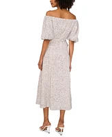 Vince Camuto Women's Printed Linen-Blend Off-The-Shoulder Puff-Sleeve Midi Dress