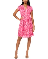 Msk Petite Printed Split-Neck Pin-Tuck Tie Waist Dress
