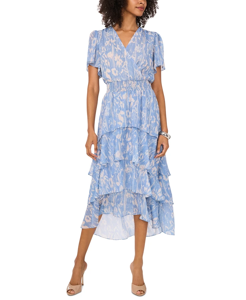 Vince Camuto Women's Printed Smocked Waist Tiered Midi Dress