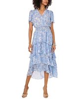 Vince Camuto Women's Printed Smocked Waist Tiered Midi Dress