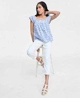 Liverpool Los Angeles Womens Square Neck Blouse Rolled Cuff Keeper Boyfriend Jeans