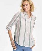 Charter Club Women's Linen Striped Roll-Tab Shirt, Exclusively at Macy's