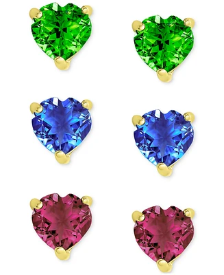 3-Pc. Set Green Quartz (3/4 ct. t.w.), Blue Spinel (1 ct. t.w.), and Lab Grown Ruby (1-1/5 ct. t.w.) Heart Stud Earrings in 14k Gold-Plated Sterling S