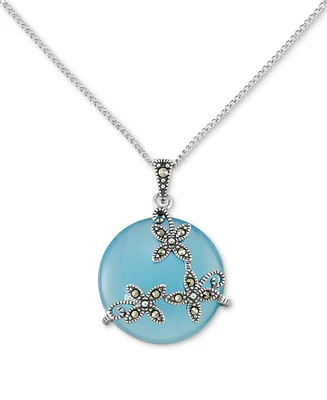 Blue Agate & Marcasite Flower Disc 18" Pendant Necklace in Sterling Silver