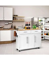 Rolling Kitchen Trolley Cart with Wood Countertop and Storage Cabinet