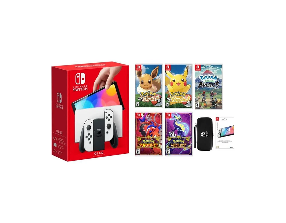 Nintendo Switch Oled Pokemon Bundle With Legends Arceus , Scarlet , Violet, Let's Go Pikachu, Let's Go Evee & Accessories