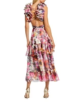 Women's Ruffle Tiered Cut-Out Floral Chiffon Dress