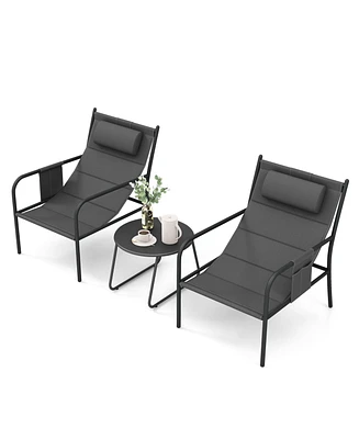 3 Piece Outdoor Bistro Set Patio Metal Chair and Coffee Table Set-Gray