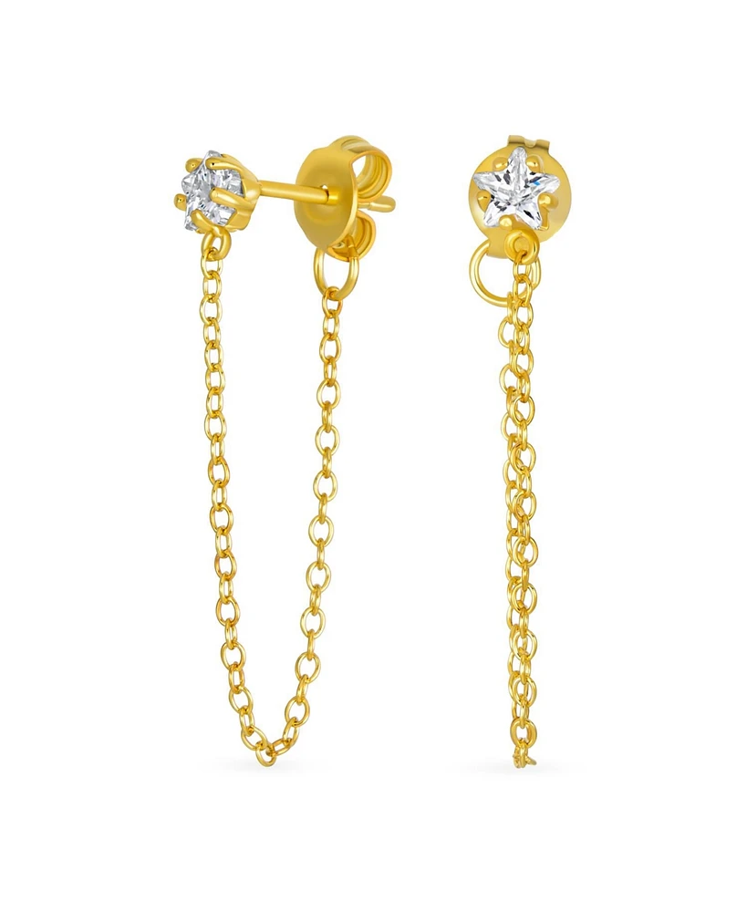 Bling Jewelry Minimalist 4MM Star Cz Stud Earrings with Delicate Chain in 14K Gold or Silver