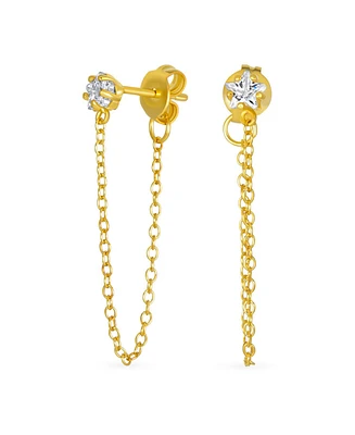 Bling Jewelry Minimalist 4MM Star Cz Stud Earrings with Delicate Chain in 14K Gold or Silver