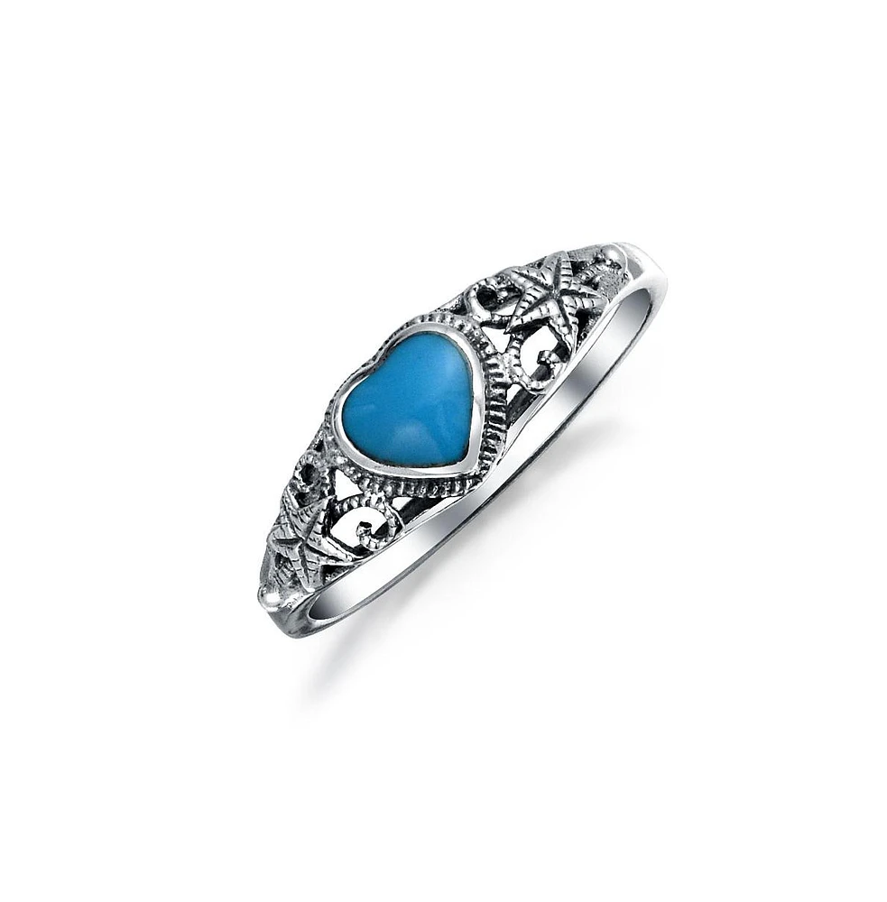 Bling Jewelry Nautical Starfish Stabilized Turquoise Heart Band Ring Oxidized Sterling Silver