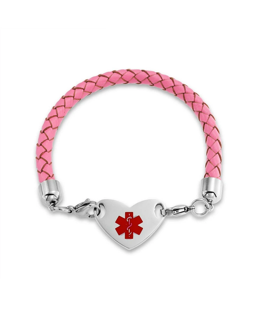 Bling Jewelry Pink Braided Leather Medical Id Bracelet with Stainless Steel Clasp