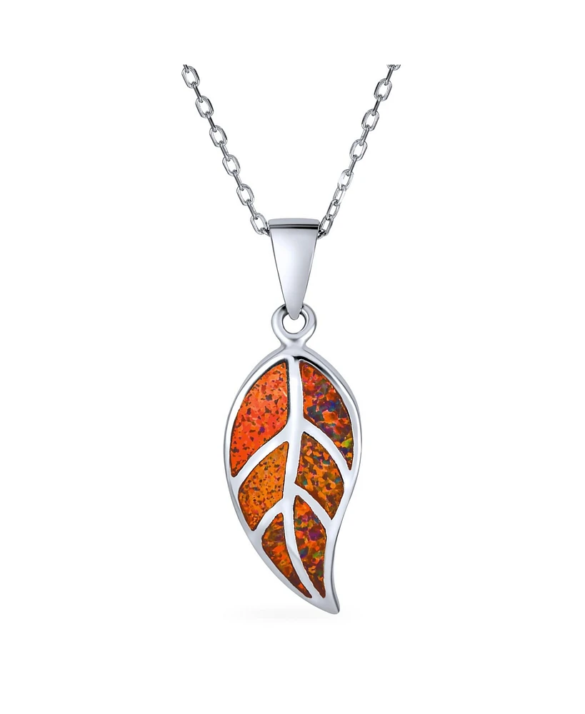 Bling Jewelry Created Blue Brown Fire Opal Inlay Nature Leaf Pendant Necklace Western Jewelry .925 Sterling Silver