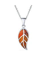 Bling Jewelry Created Blue Brown Fire Opal Inlay Nature Leaf Pendant Necklace Western Jewelry .925 Sterling Silver