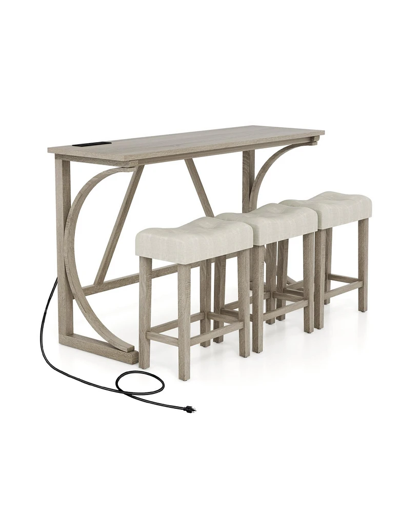 4-Piece Bar Table Set with Power Outlet and Upholstered Saddle Seat Stools