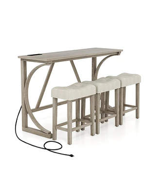 4-Piece Bar Table Set with Power Outlet and Upholstered Saddle Seat Stools