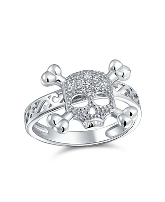 Bling Jewelry Cocktail Statement Ring: Cz Pirate Skull Crossbones for Punk Goth Sterling Silver