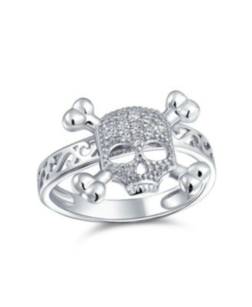 Bling Jewelry Cocktail Statement Ring Cz Pirate Skull Crossbones For Punk Goth In Sterling Silver