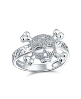 Bling Jewelry Cocktail Statement Ring Cz Pirate Skull Crossbones For Punk Goth In Sterling Silver